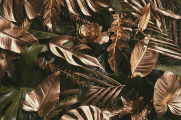 Wall Mural - creative nature background. gold and green tropical monstera and palm leaves. minimal summer abstrac