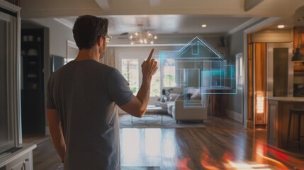Aufkleber - A man stands in a contemporary living room, using augmented reality to interact with a digital model of a house.