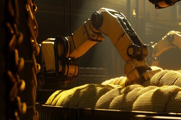 Aufkleber - Robotic Arm Handling Yellow Balls in Dark Industrial Warehouse with Dramatic Lighting and Textured Surface for Technology and Automation Themes