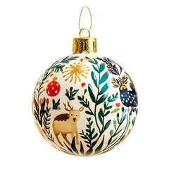 Aufkleber - Festive white christmas bauble adorned with reindeer, greenery, and golden accents suspended against a clear backdrop