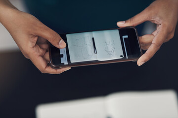 Poster - Phone screen, person and hands in office for photography, sketch and capture progress for startup. Career, fashion designer and photographer with mobile app for picture, drawing and creative agency