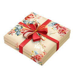 Aufkleber - Square gift box with red ribbon and floral pattern, perfect for any celebration, isolated on transparent background