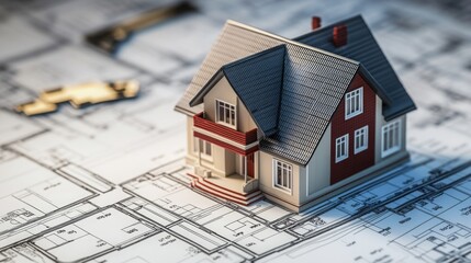 Poster - A detailed architectural model of a house is placed atop blueprints, emphasizing real estate planning and design. The model showcases a classic two-story structure with intricate details.