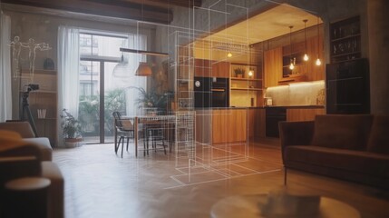 Leinwandbilder - A stylish modern apartment features a blend of natural light and sleek design. AI-generated overlays illustrate spatial flow and furniture placement, enhancing the living area and kitchen layout.