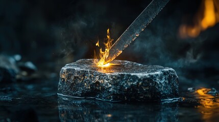 Poster - Honing a blade with a glowing sharpening stone workshop photography dark atmosphere close-up craftsmanship and precision