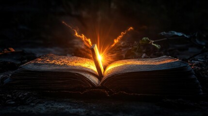 Wall Mural - Mystical old diary with glowing bookmark enchanted forest fantasy art dark environment close-up magical concept