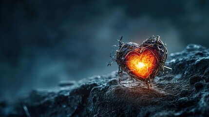 Poster - Surreal clasping action of heart-shaped pin abstract environment digital artwork dark mood illuminated concept