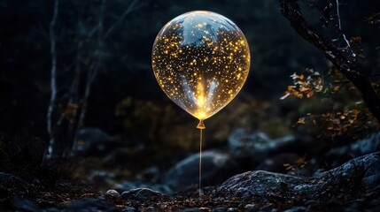 Aufkleber - A translucent balloon floating upwards enchanted forest night photography magical atmosphere dreamy concept