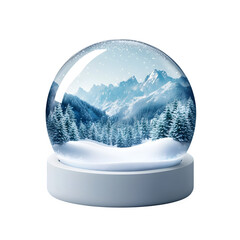 Poster - Snow globe with 3d rendering featuring snowfall over a stunning mountain winter scene, with a transparent background