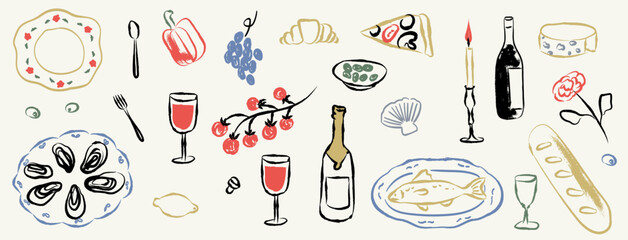 charcoal or colorful crayons grape, wine bottles and glass, cheese, tomato, pizza and oysters. vinta