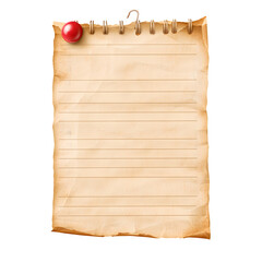 Poster - Old paper notepad with red push pin hanging on a clear background, perfect for leaving messages and notes