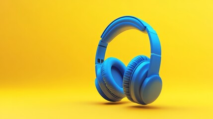 Wall Mural - 3d render of modern blue headphones on a bright yellow background, showcasing minimalist technology design with vibrant contrasting colors for futuristic and stylish audio concepts