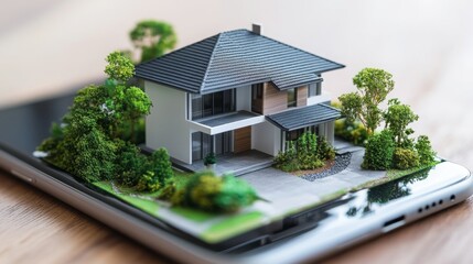 Aufkleber - A mobile device displays a 3D model of a modern house surrounded by greenery. This innovative technology allows potential buyers to explore real estate options interactively and conveniently.