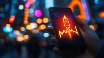 Aufkleber - Hand Holding Smartphone Displaying Rocket Launch Graphic with Urban Background and Colorful Bokeh Effect in Night Cityscape Setting