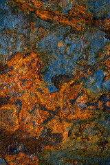 Wall Mural - Rusty metal surface with shabby background paint. Blue cracked paint texture on an iron sheet. Fragment of an old metal door, Metal corrosion.