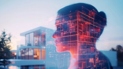 Aufkleber - A silhouette of a person is overlaid with digital graphics, representing artificial intelligence's impact on the real estate market.