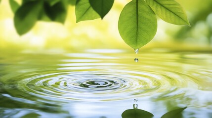 Aufkleber - A single water drop falls from a green leaf, creating ripples in a pond.