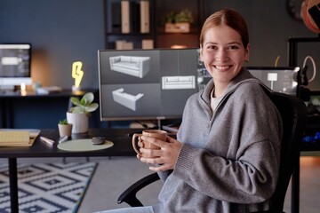 Fototapete - Smiling woman holding mug while sitting in design office with computer screens displaying 3D models in background portraying creative work environment
