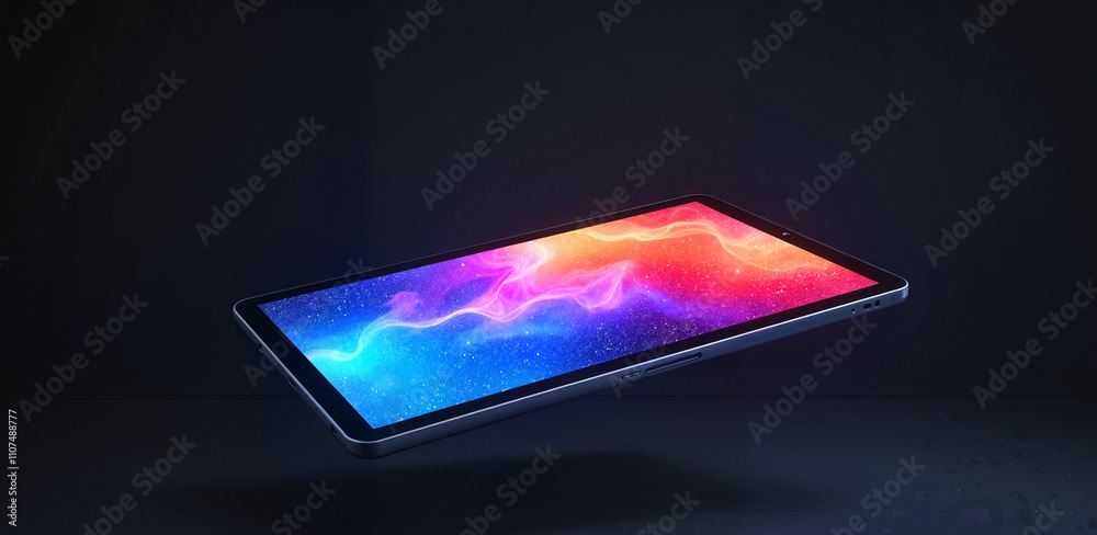Floating Tablet Style Screen Floating tablet with vibrant abstract display, futuristic design ...