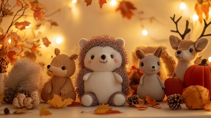 Sticker - Cute woodland animals plush toys, autumn decor with leaves and lights, cozy fall decorations, hedgehog deer rabbit squirrel