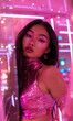 © SuzeO - instagram influencer style, an attractive instagram model with long hair and pink eyeliner in a metallic pink outfit, posing inside a store with pink lighting and sparkles