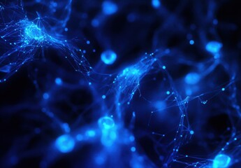Poster - Abstract image of glowing blue strands resembling a network of interconnected particles on a dark background, perfect for illustrating technology or science themes