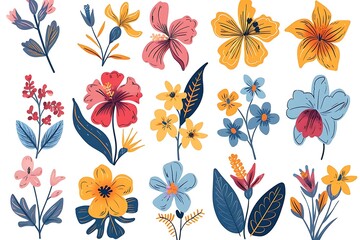 Collection of colorful hand-drawn flowers, isolated on white background.