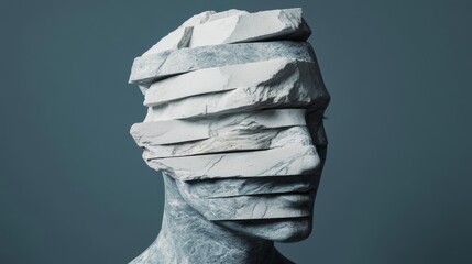 Poster - Abstract Sculpture of a Human Head with Layered Stone Strips Representing Fragmentation and Identity, Conveying Concepts of Modern Art and Emotion