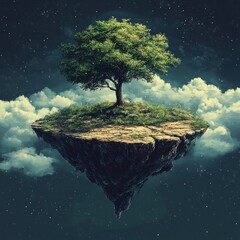 Wall Mural - Solitary tree on a small floating island in the night sky, surrounded by clouds and stars.