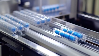 Poster - Automated production line showcasing clear plastic tubes with blue caps moving along a conveyor system in a modern manufacturing facility focused on efficiency and precision.