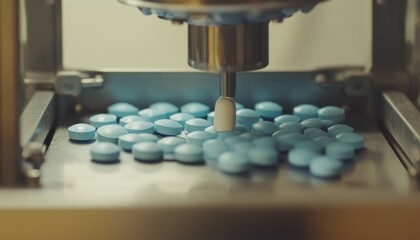 Poster - Automated Tablet Press Producing Blue Pharmaceutical Pills in a Factory Setting, Close-Up of Manufacturing Process and Machinery in Action