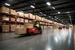 © c80 - A dynamic warehouse scene with a forklift moving swiftly down an endless aisle, showcasing industrious activity and storage in a vast, systematic setting.