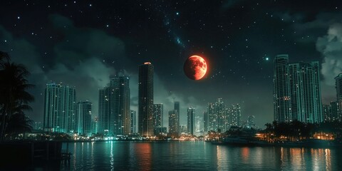 Wall Mural - Cityscape at Night with Full Moon