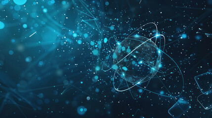 Poster - abstract technology scene with bright blue shades. In the foreground is a glowing sphere surrounded by lines and dots resembling an atomic model or network structure.  