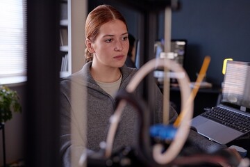 Fototapete - Young woman concentrating on 3D printing project in modern office environment, surrounded by technology and gadgets. She appears focused and engaged in her work