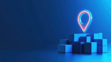 Poster - Neon Location Pin Above Blocks on Blue Background for Modern Design