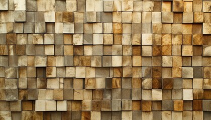 Poster - Detailed Composition of Wooden Squares Forming an Artistic Wall Design, Showcasing Natural Grain Patterns and Earthy Tones in a Contemporary Setting