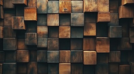 Poster - Detailed Texture of Wooden Cubes Arranged in a Tactile Pattern with Various Shades of Brown, Creating a Unique Visual Depth and Warmth on a Rustic Backdrop
