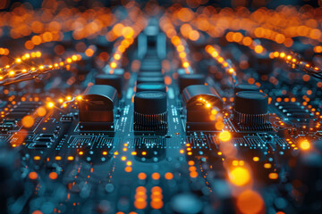 Poster - macro shot of a computer board with many components such as transistors, resistors and other elements.  