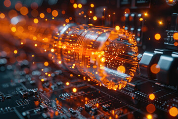 Poster - conceptual scene of data transmission in the digital world. In the foreground is an optical cable emitting bright orange light streams, symbolizing the transfer of information. 