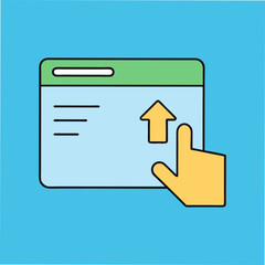 Fototapete - A stylized icon depicts a hand clicking an upward arrow on a webpage interface, symbolizing file uploading or data transfer. Simple, clean design.