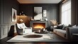 © Yvonne Bogdanski - Elegant Living Room with Anthracite Walls and White Armchair by the Fireplace
