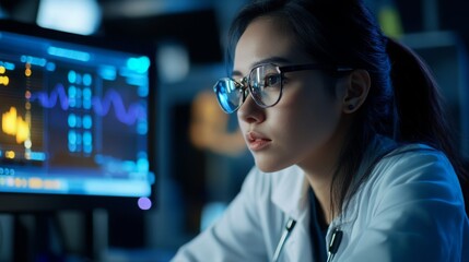 Aufkleber - A woman wearing glasses and a lab coat intently examines data displayed on a computer screen in a contemporary research environment.