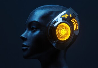 Poster - Futuristic Portrait of a Black Mannequin with an Illuminated Headset Design Featuring LED Elements in a Dark Space Background