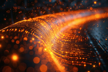 Poster - an abstract scene with bright orange light lines and dots that gently curve and intersect, creating the illusion of movement and depth.  