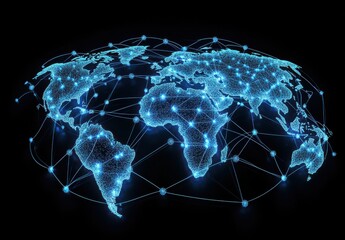 Poster - Global Network Concept Illustrating Interconnected World Map with Digital Nodes and Data Connections Representing Technology and Networking in Modern Era