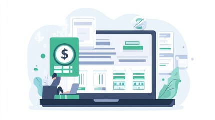 Poster - Digital illustration of financial management on a laptop with graphs and currency symbols.
