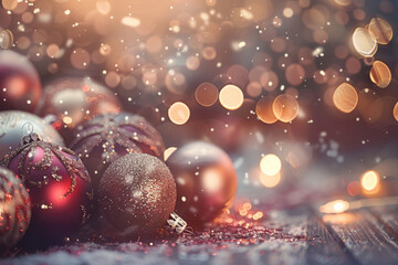 Wall Mural - sparkling christmas ornaments with festive lights and glittering snowfall