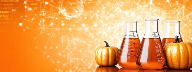 Leinwandbilder - Three laboratory flasks with orange liquid beside decorative pumpkins on an orange background.