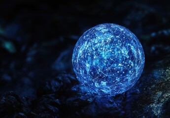 Poster - Illuminated Sphere With Network Connections Representing Global Data Communication in a Dark Background, Symbolizing Technology and Innovation in the Digital Age